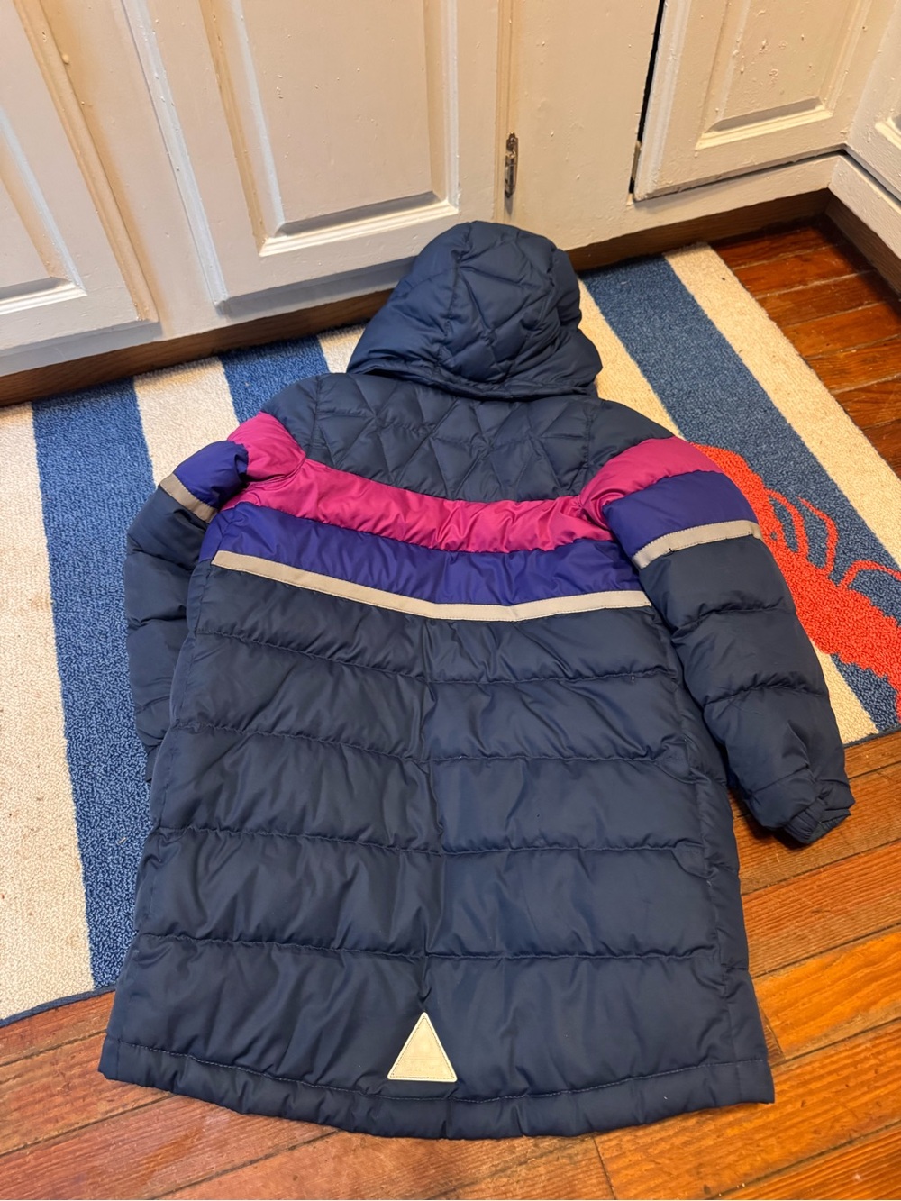 L.L. Bean Navy Kids Hooded Puffer Coat with Pink & Purple Accents